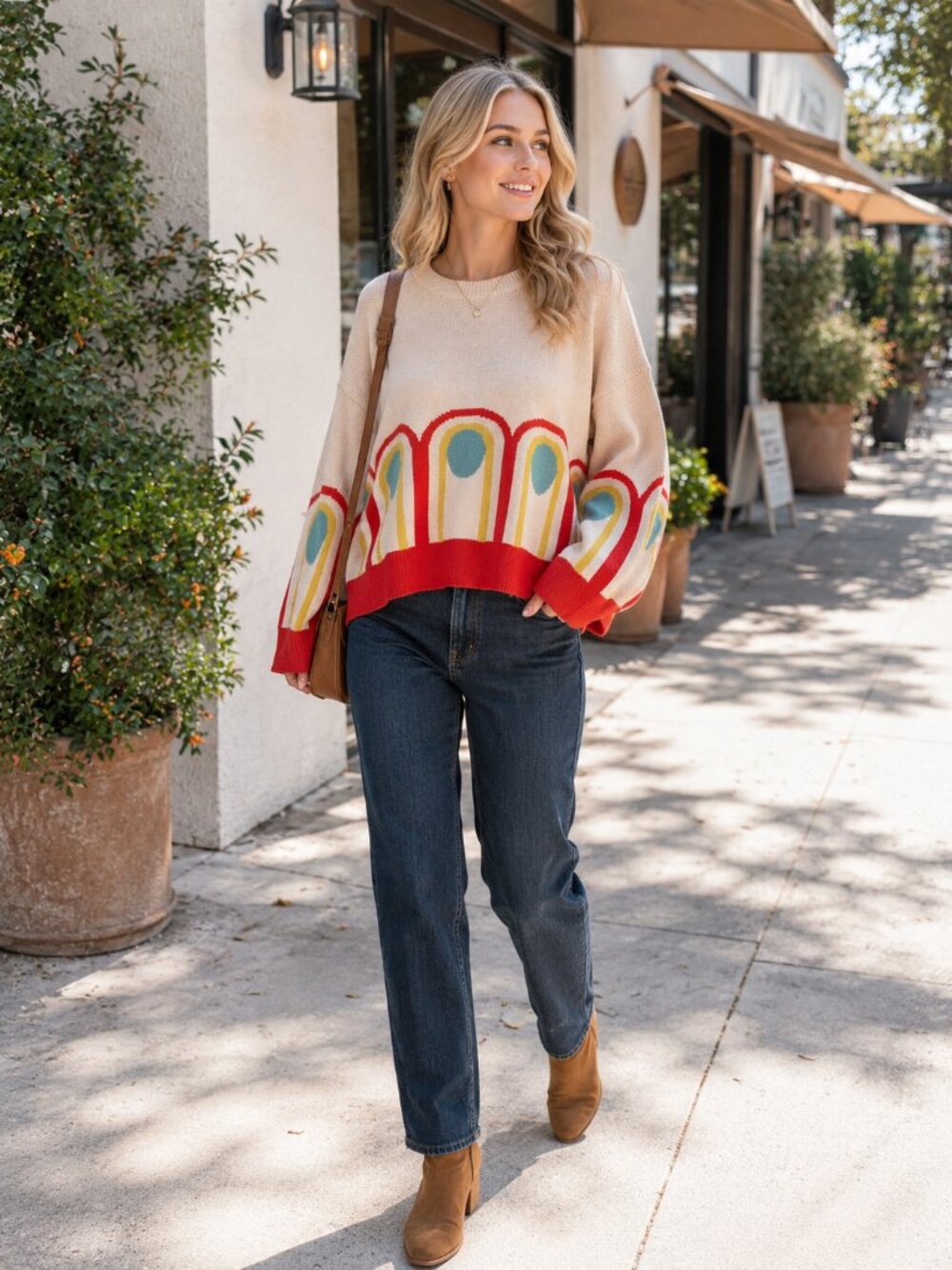 Miss Sparkling Retro Rainbow Arch Graphic Colorblock Cropped Knit Sweater
